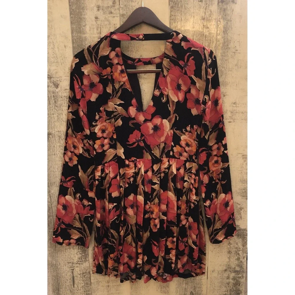 FREE PEOPLE‎ NWT Size 0 Tegan Orange Floral Pleated Mini Dress Tunic Spring Fall